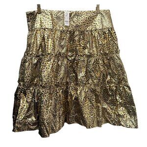 New York & Company Metallic Leopard Print Skirt XXL Gold Tiered Ruffle Midi